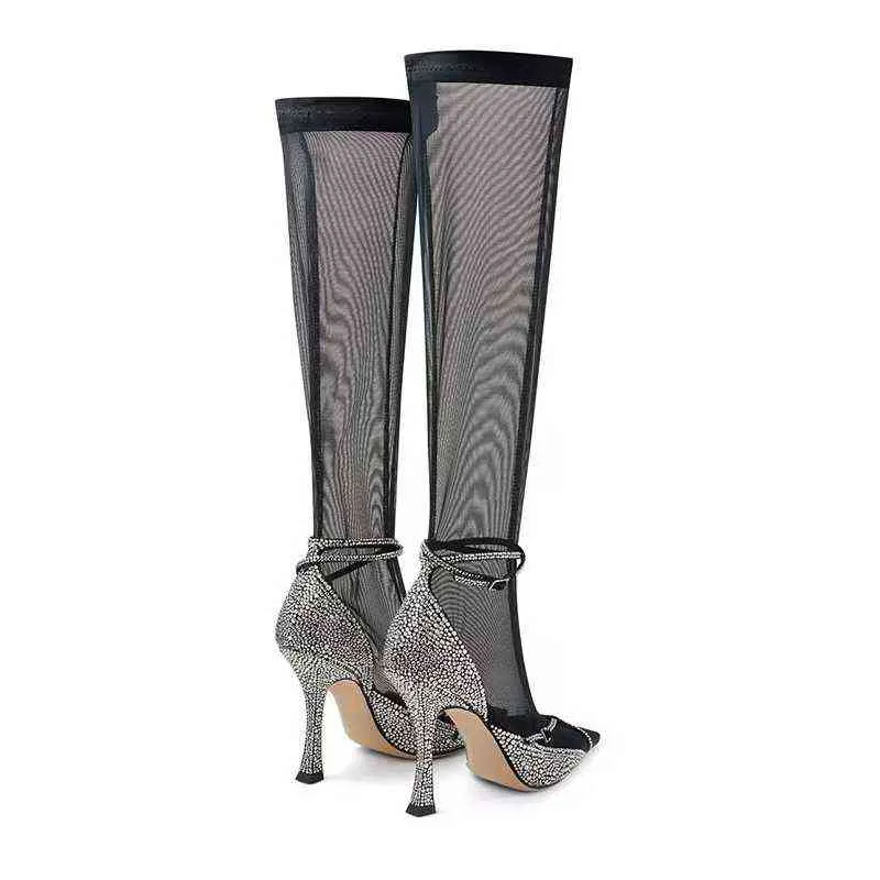 Laarzen zomer nieuwe vrouwen strass mesh sexy over de knie mode lange stiletto gesp gile been sokken puntige schoenen 220709