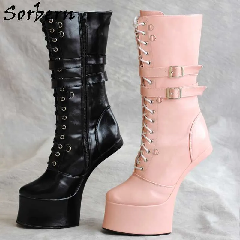 Sorbern Exotische Schnür-Pferdeschuhe, mittlere Wadenstiefel, mehrere Farben, absatzlos, Fetisch-Spielspaß, Booties, Doppelriemen, individuelle Farben