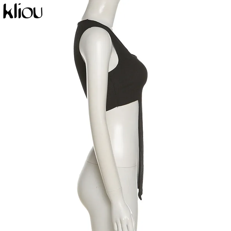 Kliou Solid Top Short Women Skinny Sleeveless X-Long Cleavage Square Collar Summer Fashion Hipster Casual High Streetwear 220318