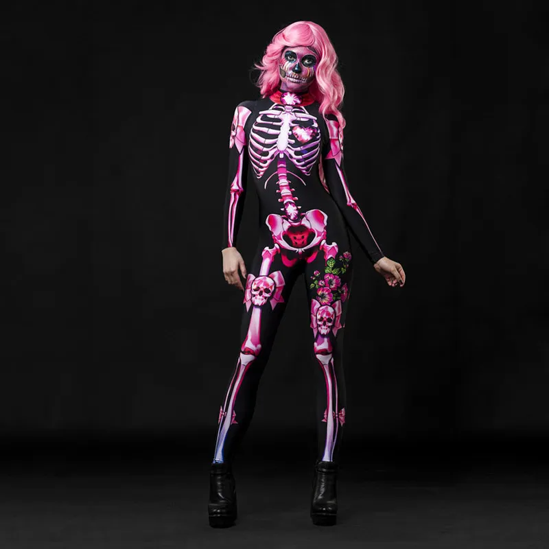 Adult Kids Halloween Skeleton Cosplay Jumpsuit Pink Rose Woman Sexy Skull Scary Costume Girls 3D Print Bodysuit Mother Daughter 220817
