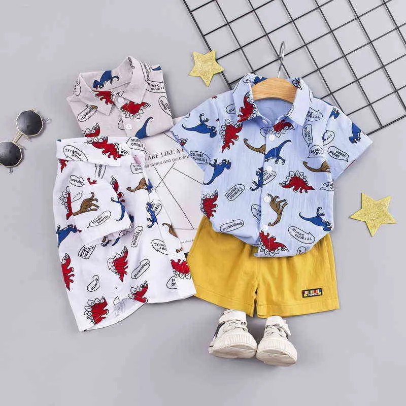 2stChildren's Clothing Summer Baby Boy Clothes Baby Collar Blue Casual Shorts Set Toddler Dinosaur Outfit Ropa Bebe G220509