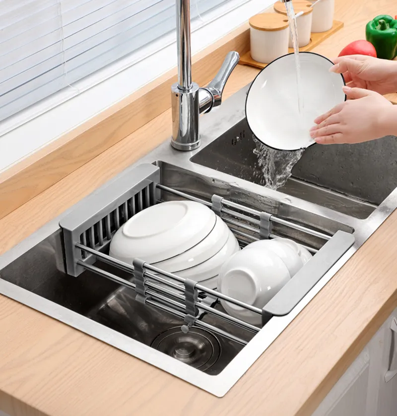 Adjustable Dish Drainer Stainless Steel Sink Drain Rack Fruit Vegetable Kitchen Tableware Storage 220809