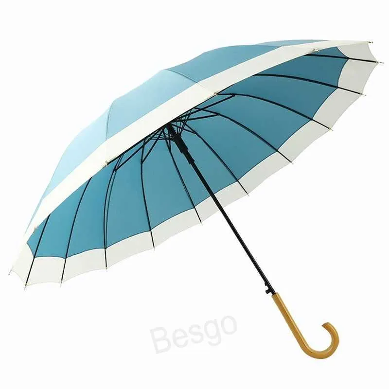 Madeira longa maçaneta costura guarda-chuvas semi-automática de proteção ensolarada guarda-chuva de chuva à prova d'água 16 k guarda-chuva forte
