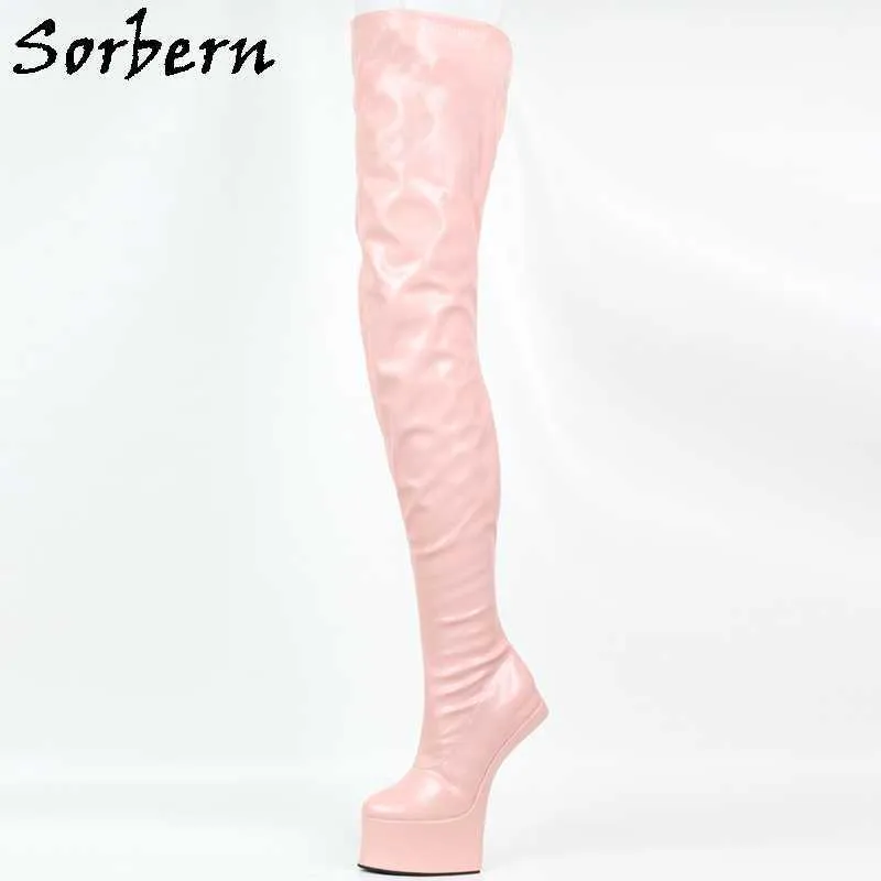 Sorbern exotique genou bottes hautes femmes sans talon chaussures de cheval à lacets Sexy fétiche crosscommode sabot semelles taille et couleurs de jambe personnalisées