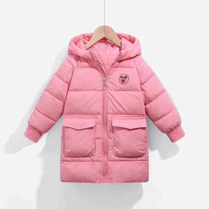 女の子ダウンパーカージャケット冬の子供服ティーンエイジャーの子供綿めっきアウターウェア2022男の子厚い暖かい長いフード付きジャケットJ220718