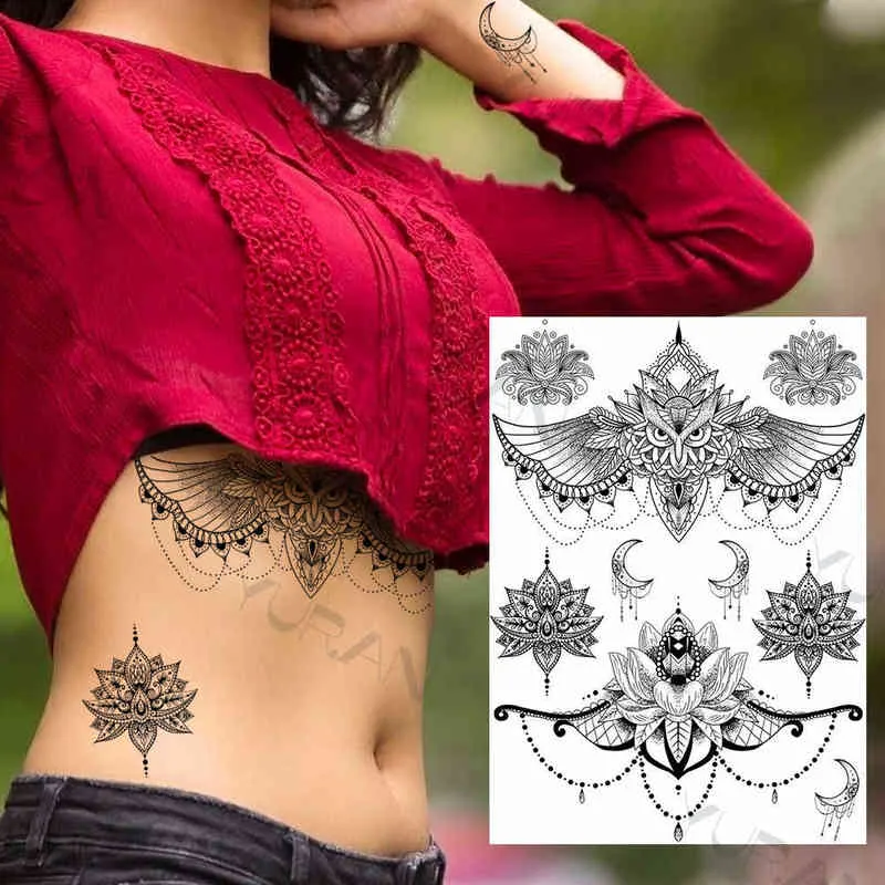 NXY Temporary Tattoo Yuran Women Girl Big Arm Owl Fake Henna India Tatoo Stickers Custom Mandala Flower Black Turtle s Lace 0330