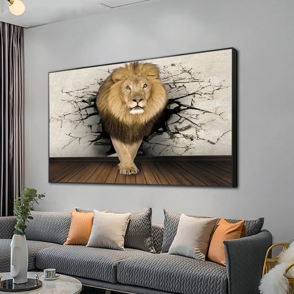 3D Animal Mural Livelike Canvas Print Rhino Lion Elephant Icke-vävda tygväggkonst affischer och tryck vardagsrum sovrumsdekor