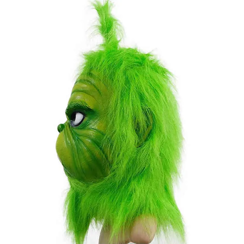 Söt hur julgrönt hårhårt Grinch Cosplay Mask Latex Halloween Xmas Full Head Costume Props L220530286G4662343
