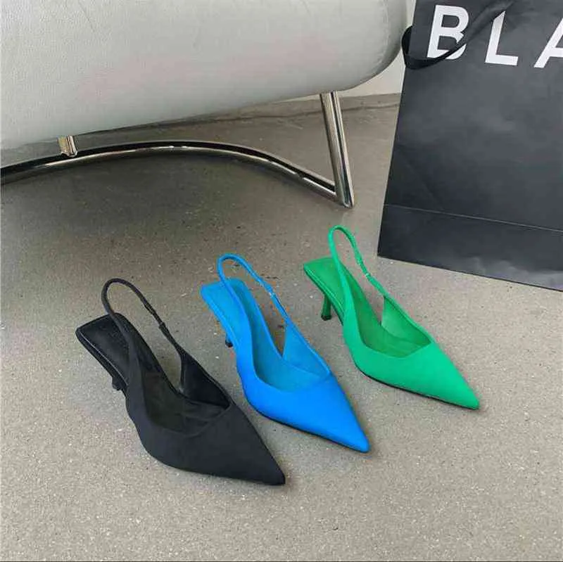 Sexy bout pointu élégant Satin chaton talon Slingback talons chaussures femmes 2022 marque Design Stretch pompes dames chaussures G220527