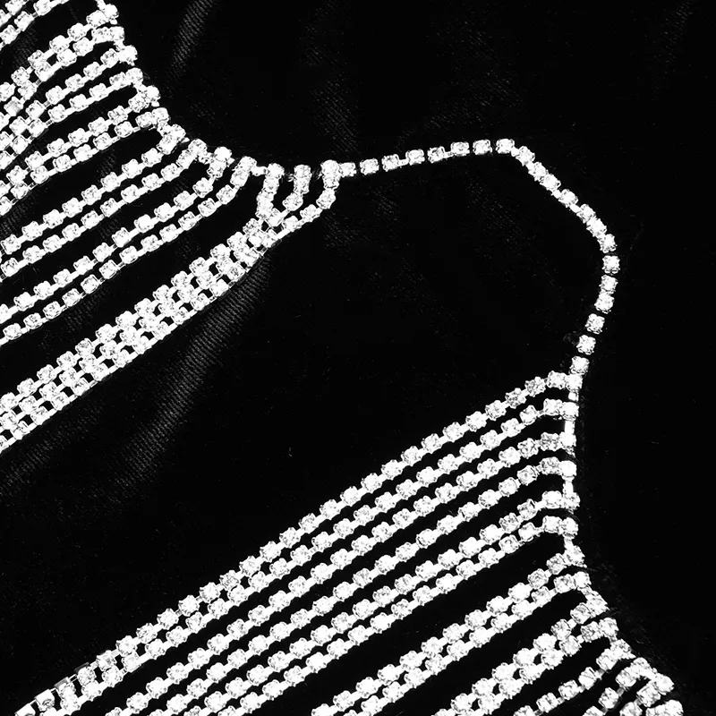Spring Autumn Women Black Long Sleeve Velvet Mini Dress Sexy High Neck Diamonds Tassel Bodycon Celebrity Club Party Dresses 220317