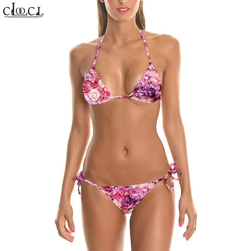 Costume da bagno bikini carino sexy fiore rosa stampato cosplay 3D cinghie da donna bikini bassi set costumi da bagno da spiaggia femminili W220617
