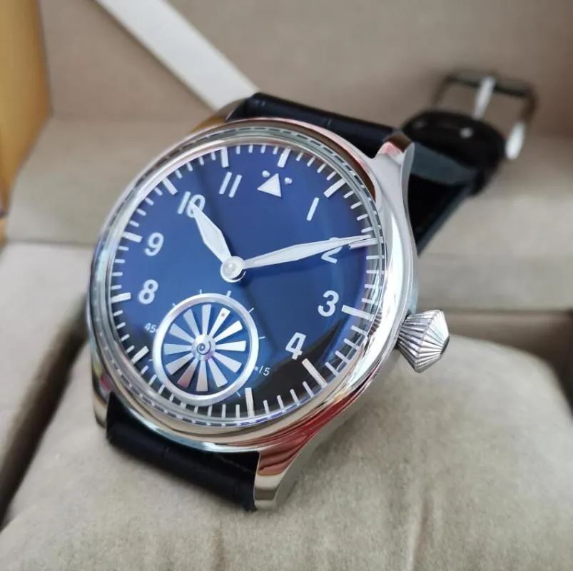 Armbanduhr 44 mm kein Logo mechanischer Hand Wind Männer Uhr Schwarzes Zifferblatt Blaues Glas Bubble Spiegel rotierende Turbinenblende 262q