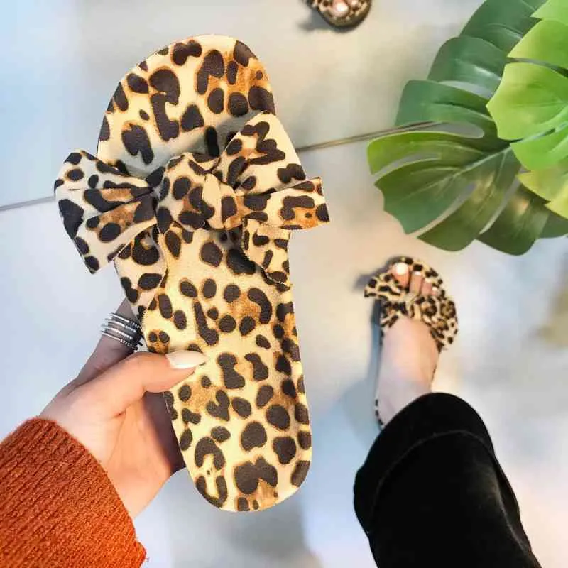 Leopard slippers European and American large bow sandals cork flat bottom flip flops