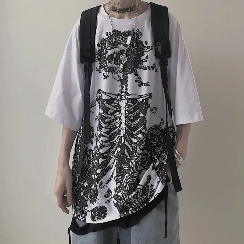 QWEEK Gothic Harajuku Skull T-shirt Koreaanse Mode Oversized Korte Mouw Tees Shirt Mall Goth Tops Grunge Alt Kpop Kleding 220402