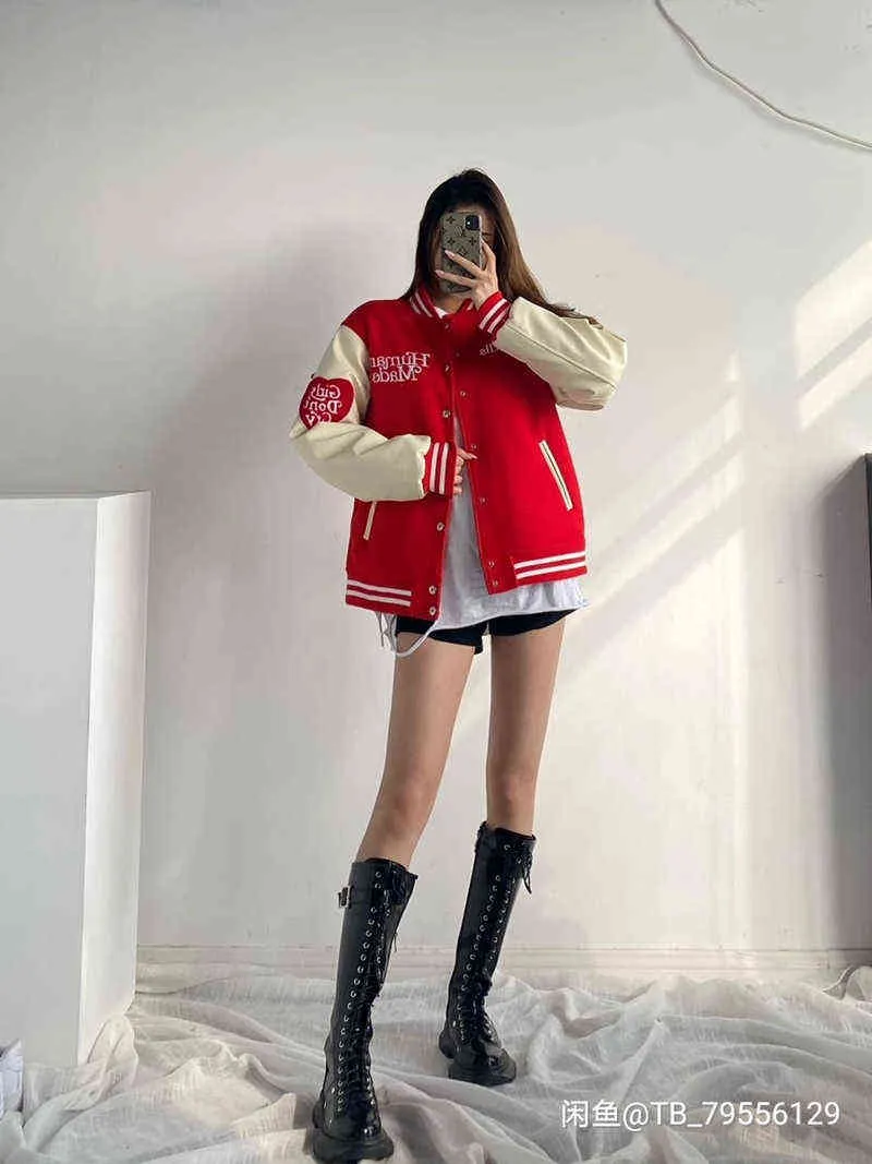 Human Made Jack Girls Don't Cry Love Leather Sleeves Baseball Uniform Men And Women Couple Jacket Humanly Made Sweatshirt T220721 T220721