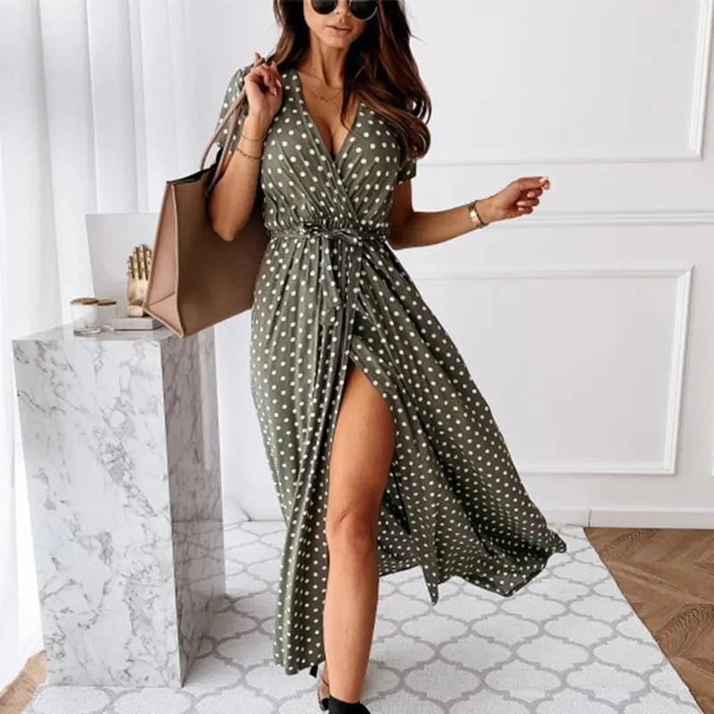 Lady Short Sleeve Bandage Long Casual Feminine Party Dresess V Neck Fashion Sexig Polka Dot Print Loose Bohemian Split Dress 220613