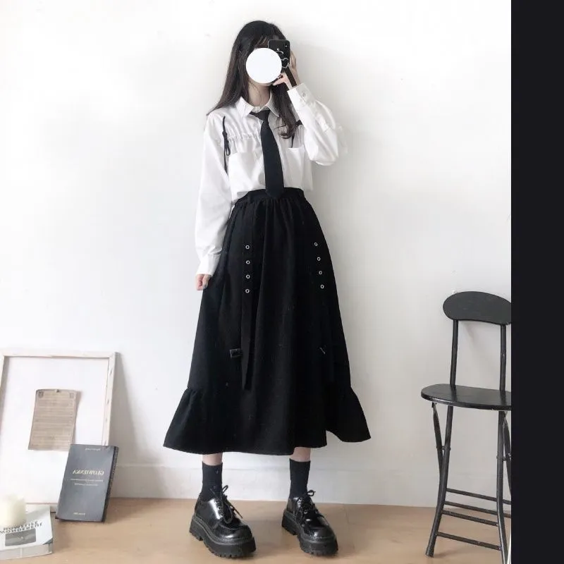 İlkbahar / Sonbahar Kadın Etekler Yüksek Bel Öğrenci Kore Tarzı Koyu Vintage Fırfır Uzun A-Line Etek Moda 220401