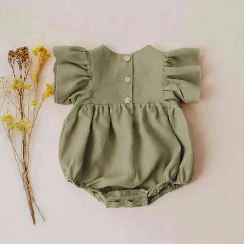 Infantile bébé fille barboteuse nouveau-né bébé fille solide coton lin combinaison causale avec fermeture à bouton été bébé fille vêtements G220521