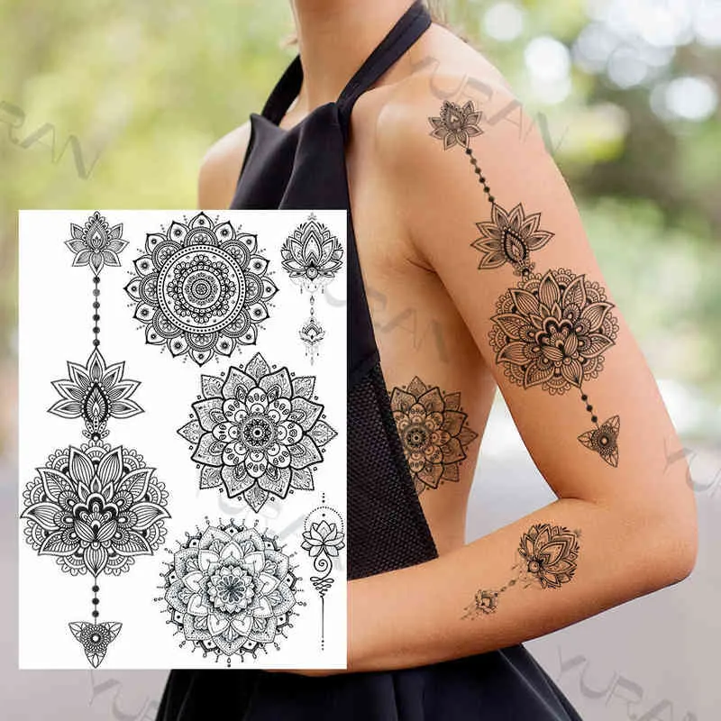 NXY Temporary Tattoo Yuran Women Girl Big Arm Owl Fake Henna India Tatoo Stickers Custom Mandala Flower Black Turtle s Lace 0330