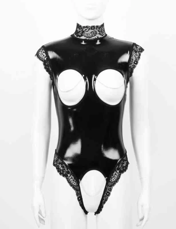 Kvinnor underkläder bodysuit underkläder Öppen bröst Crotchless spets trimmade öppna koppar bröstvårtor hål patent läder sexig mujer pita h2257i