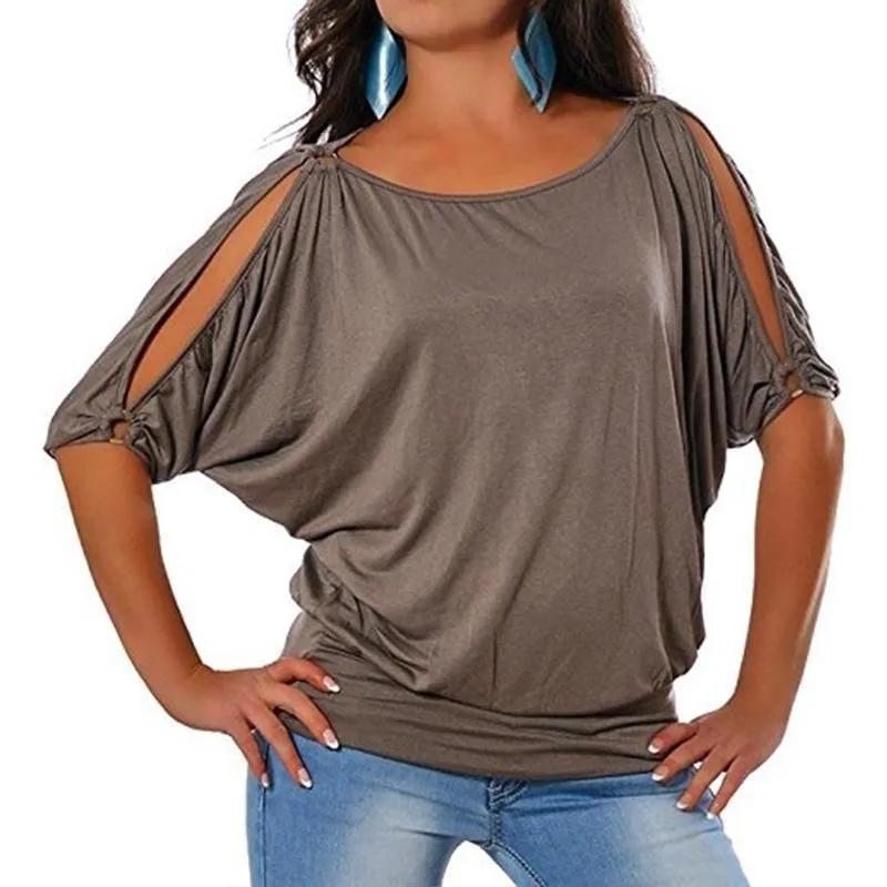 Kapalı Omuz Yarım Kollu T-Shirt Yaz Kadın Moda Rahat Katı Renk O-Boyun Gevşek Basit Tee Gömlek Artı Boyutu S-5XL 220407 Tops