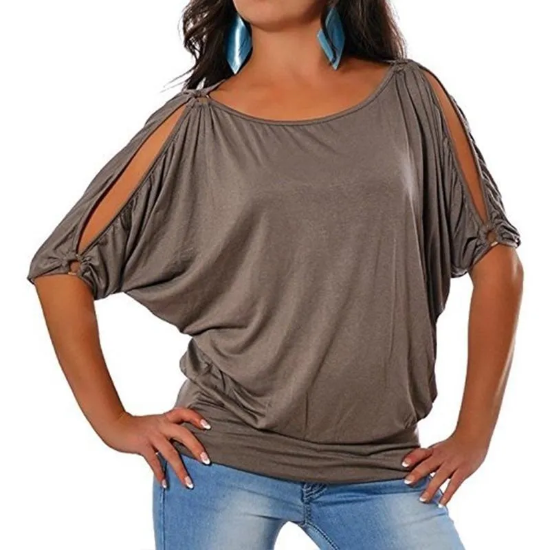 Off Ombro Meia Manga T-shirt Verão Mulheres Moda Casual Cor Sólida O-pescoço Solto Tops Simples Tshirt Plus Size S-5XL 220407