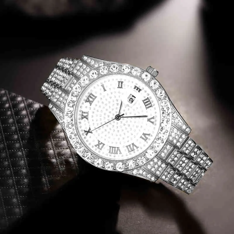 Iced Out Watch Men Luxury Brand Diamond Men's Watch Hip Hop Big Dial Luxury Rhinton Quartz Wristwatch Drop Shipping