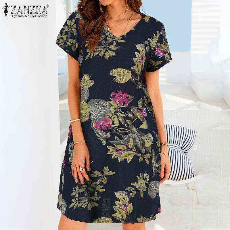 2022 Summer Bohemian Knee Dress Womens Vintage Cotton Linen Vestidos Zanzea Beach 패션 캐주얼 플로럴 프린트 Sundress G220510
