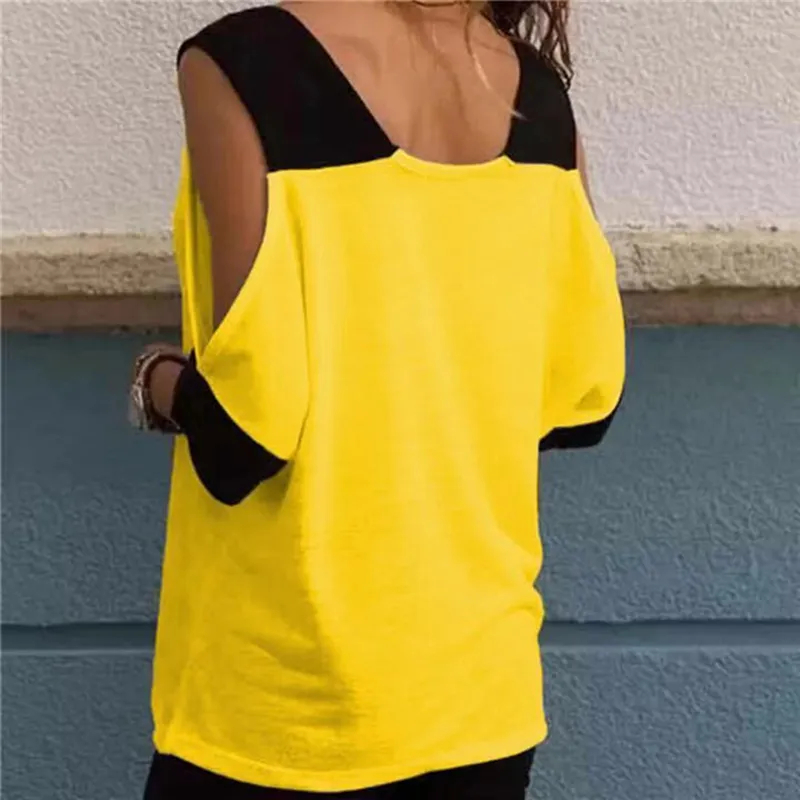 Women's Patchwork Cold Shoulder T-shirt Tops V-Neck Half Sleeve Female Tee Shirt Summer Casual T Shirt For Women 220511