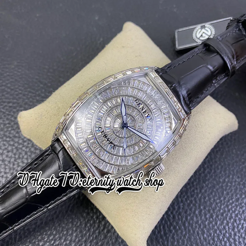 Abf cintree curvex abf8880 c d eta a2824 Automatyczna męska zegarek Bagiete Baguette Diamonds obudowa lodowana diamentowa diamentowa tarcza czarna skóra Str283i