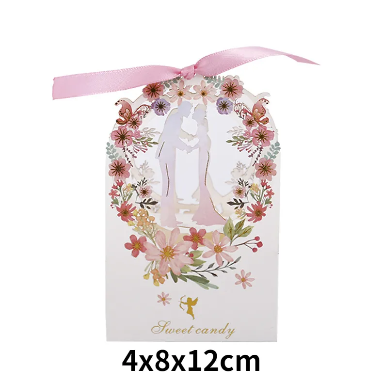 20 pz / set nuovo design floreale contenitore di caramelle matrimoni fiocco confezione regalo sacchetto di biscotti borsa dolce bomboniere regalo ospiti 4x8x12 cm CX220423