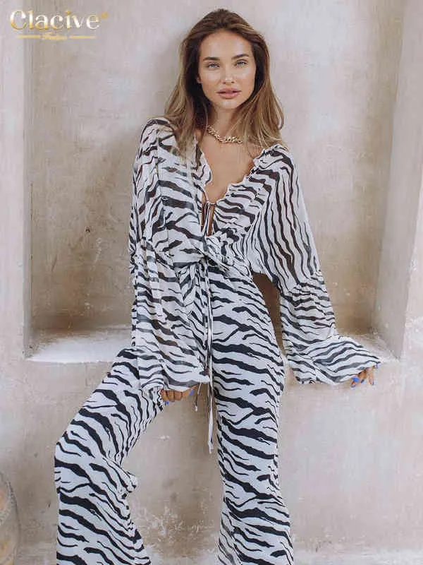 Claceive Sexig snörningskjorta Zebra Print Two Piece Set Women Elegant High midjebrett byxa Suits Female Casual Slim Pants Set T220729