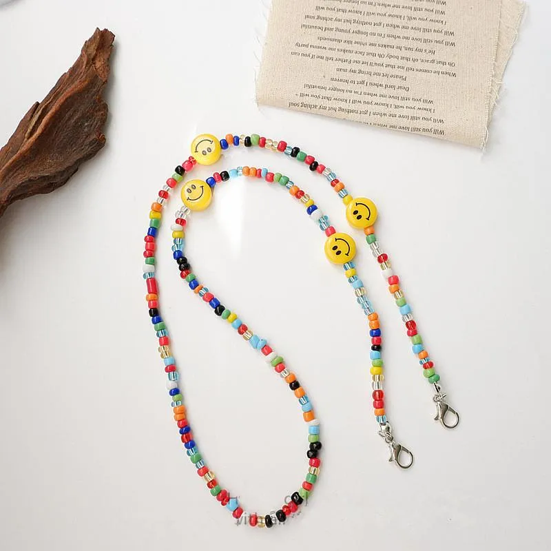 Pendant Necklaces Colorful Beads Cartoon Smile Mask Chain Necklace For Women Girl Multifunction Anti-lost Strap Lanyard Holder Jew263A