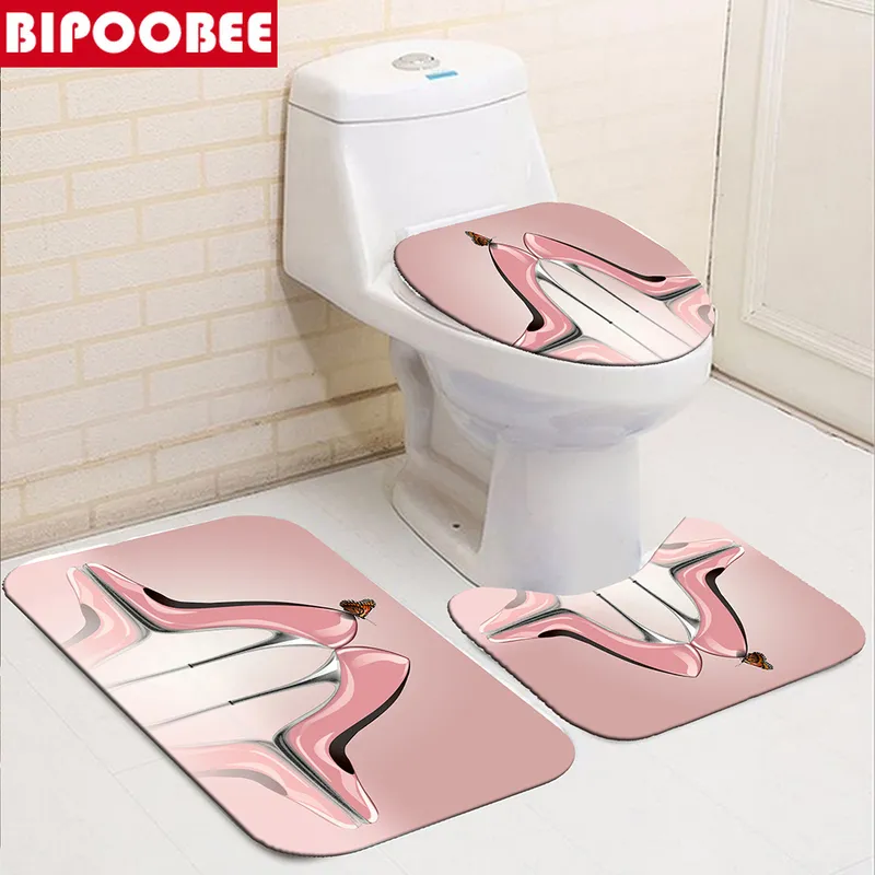 Rode lippen badkamer gordijn set roze hoge hak bad mat sets douchegordijnen met haken zwart niet-slip voetstuk tapijt toiletkap 220517