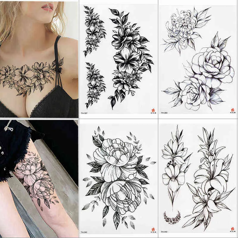 NXY Temporary Tattoo Waterproof Sticker Lotus Rose Pattern Water Transfer under Breast Shoulder Flower Body Art Fake Tatoo 0330