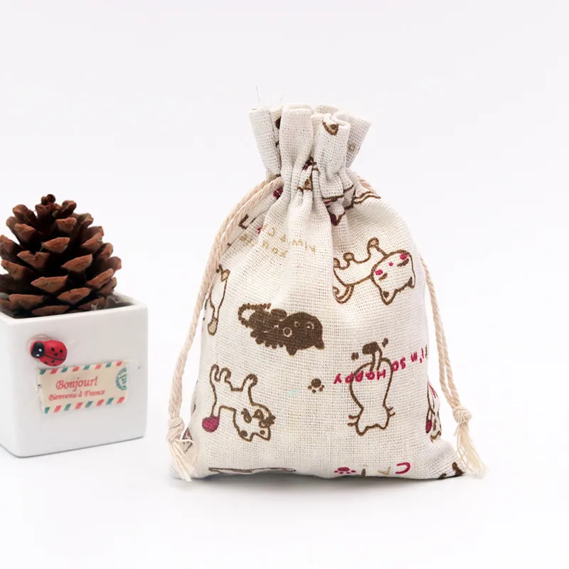 50 stks / partij 10x14cm Linnen Gedrukt Katoen Gift Tassen Verpakking Sieraden Drawstring Pouch Cosmetische Bruiloft Candy Wrappling Herbruikbare 220421