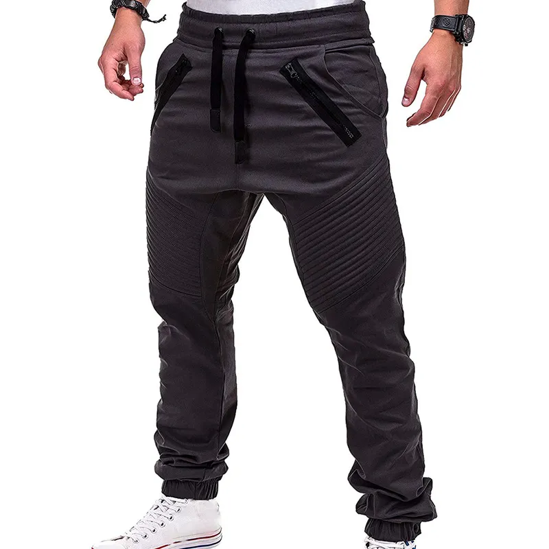 Mens Track Pants Slim Trousers Sport Tracksuit Men Fashion DrawString Zip Strips Pockets Ankel Bundna långa byxor Sportbyxor 220622