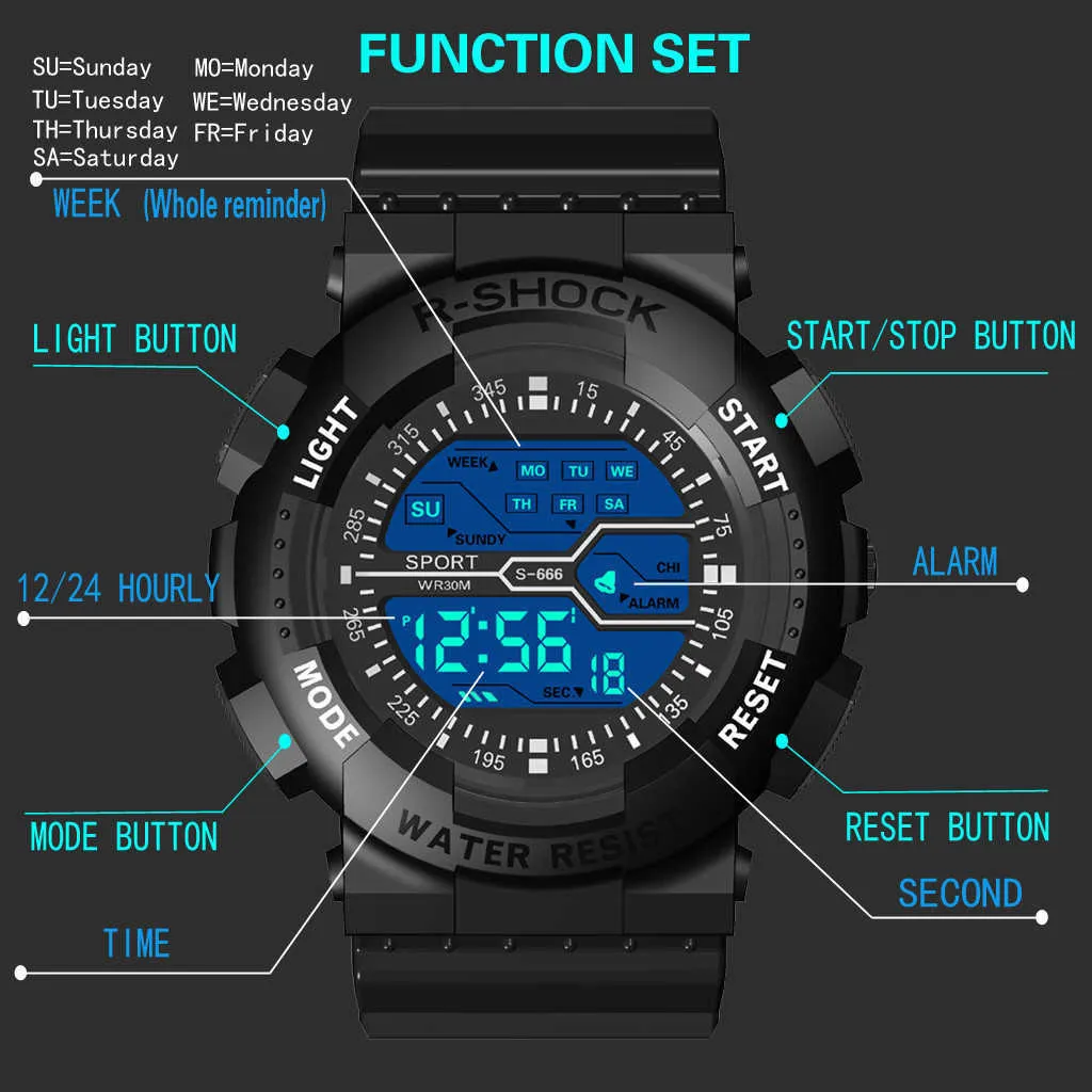 メンズウォッチの発光LEDデジタルスポーツ樹脂ダイヤル30メートル防水PUストラップ腕時計レリーゴ
