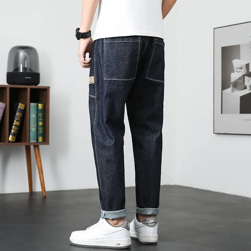 Dark Blue Jeans Men Stretch Loose Fit Wide Leg Spring Summer Casual Harem Pants Elastic Waist Streetwear Patchwork Include Belt CX220401