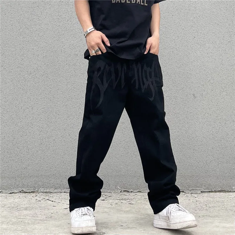 Spodnie męskie Y2K Emo Fashion czarny Streetwear haftowany niski wzrost workowate dżinsy spodnie proste hip-hopowe Alt Denim męskie ubrania 220826