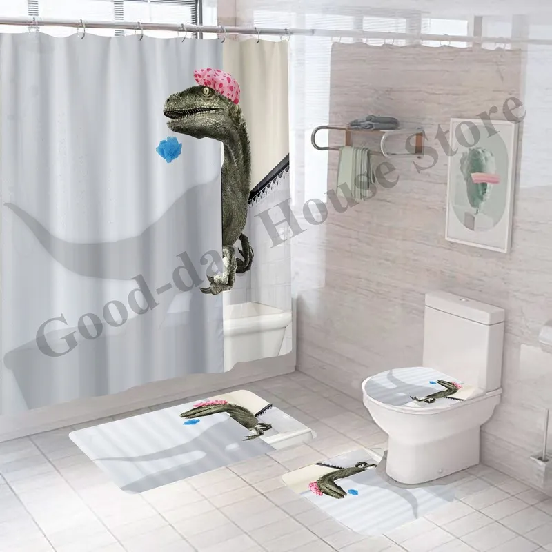 Cute Dinosaur Funny Shower Bathroom Curtain Set Waterproof Cat Nordic Style Fabric Pastel Toilet Lid Cover Carpet Non-Slip Mat 220429