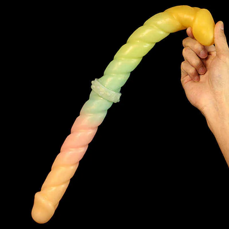 Nxy Dildo 47cm długi silikonowy dwugłowy penis dla mężczyzn i kobiet miękkie kolorowe fałszywe w kształcie korek analny zabawa dla dorosłych urządzenie do masturbacji 0316