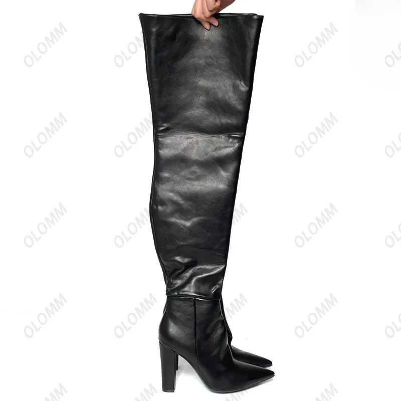 Olomm El yapımı kadınlar kış uyluk botları sert tıknaz topuklu unisex yuvarlak ayak parmağı zarif siyah cosplay ayakkabı bayanlar beden 5-15