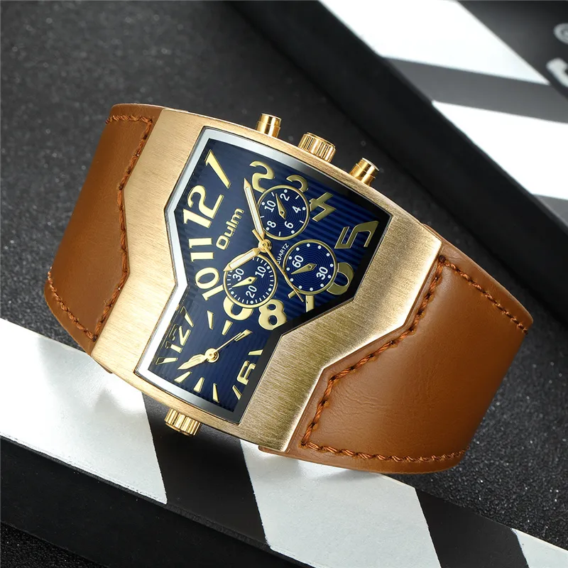 Oulm nowe zegarki Mężczyzn luksusowy marka Wiele strefy czasowej męski kwarcowy na rękawo zegarek skórzany pasek Relogio Masculino258r