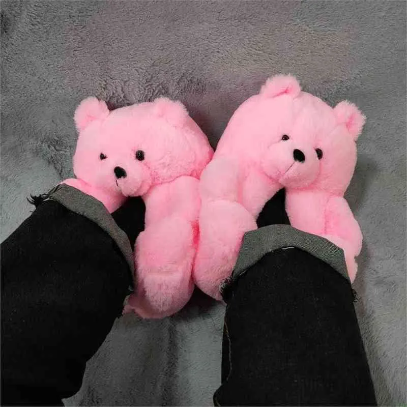 Slippers 2021 Plugule Bear House Slippers Mulheres Marrom Casa Casa Indoor Anti-deslizamento Fala Faux Foo fofo Fluffy Home Shoe Women Winter Teddy Sapato G220730