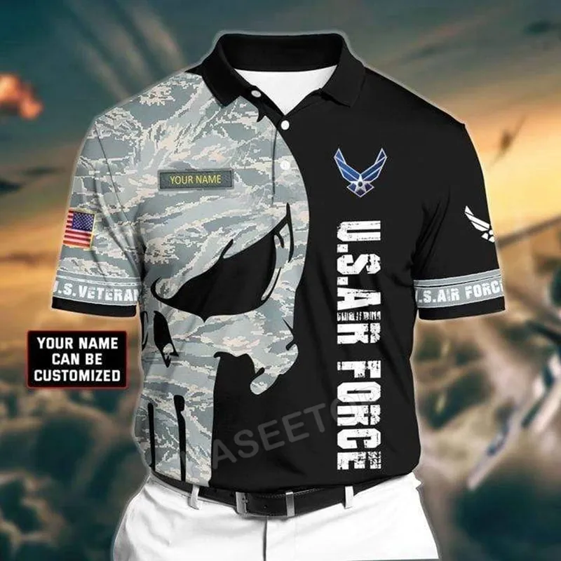 Anpassat namn oss Air Force Skull Black Camo Mönster Polo Men S Shirt Högkvalitativ T -shirt 3D Tryckt Streetwear Sportswear 220704