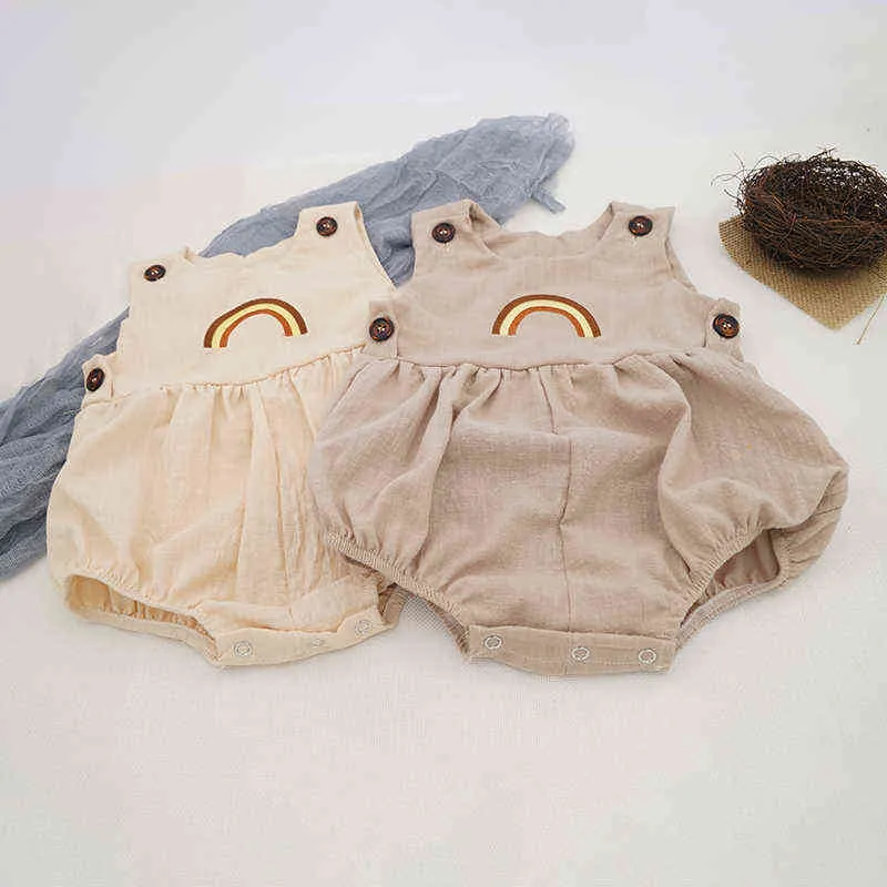 夏の幼児の男の子の女の子ロンパーズジャンプスーツプレイスーツワンピースコットンリネンモスリンレインボー刺繍幼児ベビー服G220510