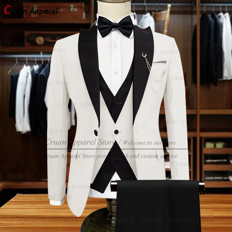 20 Färg Stylish White Suits For Mens Slim Fit Groom Groomsmen Wedding Tuxedo skräddarsydd formell affär Blazer Vest Pants 3st 220817