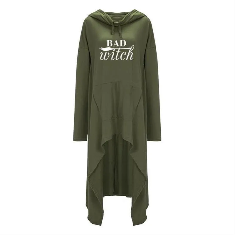 Kvinnor hoodies långa oregelbundna dåliga häxa toppar kawaii femmes sweatshirts mönster rolig bomull beskurna överdimensionella hoodies klänning 220324