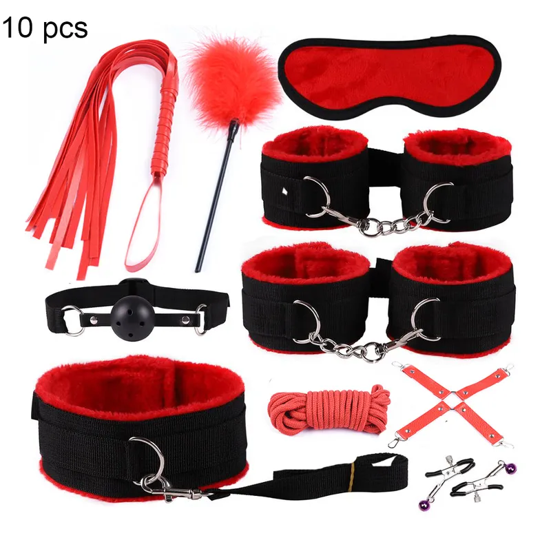 Sexig läder BDSM -satser Plush Bondage Set Handbojor Games Whip Gag Nipple Clämplar Toys For Couples Exotic Accessories 2203309803154